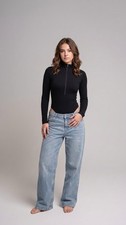 Women s Black Long Sleeve Half Zip Bodysuit, Solid Opaque One Size Wireless