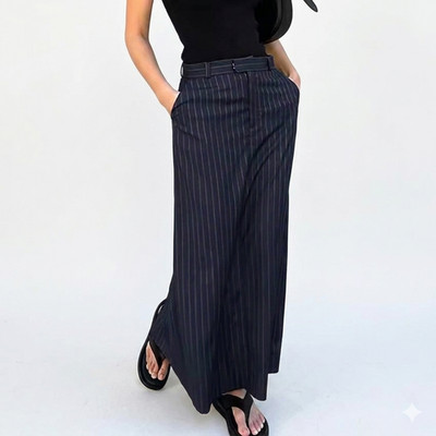 Women Striped Business Suit Skirt Back Slit Straight Pencil Maxi Long Skirt