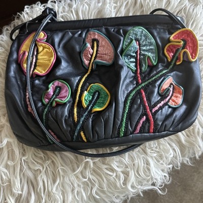 Vintage Rita Diana For Mylinka Black Leather Floral Applique Cuture Purse