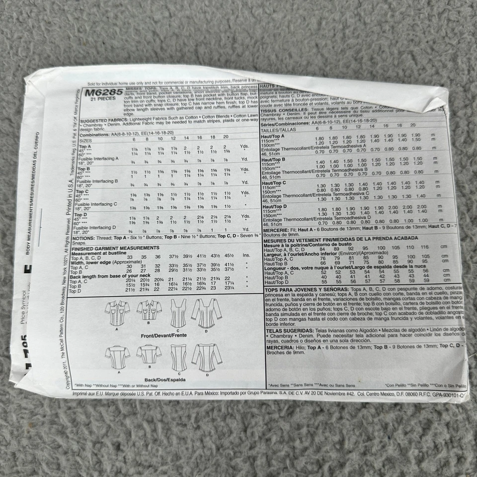 McCalls Sewing Pattern M6285 Womens Fitted Tops Size EE 14-20 Uncut - Image 3 of 4