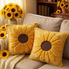 Set of 2 Yellow Sunflower Pillow Covers 18x18 Embroidered Spring Summer Flora...