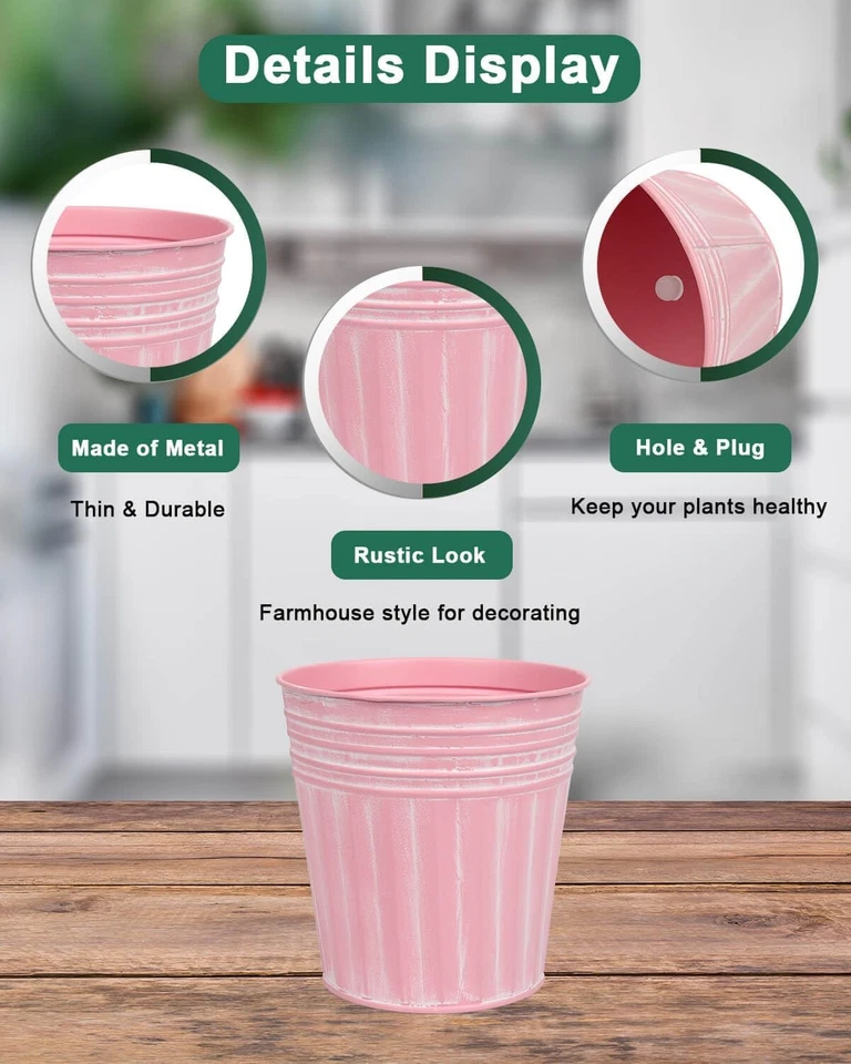 Vasos de flores rústicas de metal rosa 6 polegadas - 6 peças plantadeiras galvanizadas médias com D... - Imagem 3 de 4
