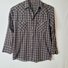 plains western mens vintage pearl snaps down front shirt long sleeve size Large