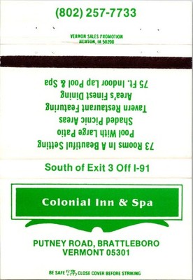 Colonial Inn & Spa Putney Brattleboro VT Vintage Large Matchbook Cover TSD7-M11
