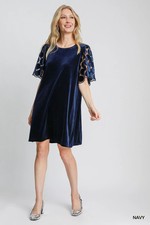 Umgee Navy Velvet Shift Dress Dotted Velvet Lace Short Sleeve Woman's Medium NWT