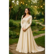 Vintage Long Sleeve Ivory Wedding Gown Satin Embroidered Classic Bridal Dress XS