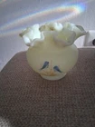FENTON GLASS Blue Birds Satin Custard VASE 4" ht Ruffled Edge Signed