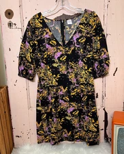 Melrose and Market Dress Size Small V-Neck Black Purple Gold Mini, 3/4 Puff Slv