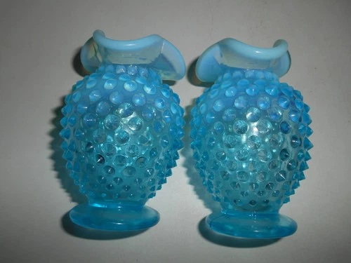 Nice Pair of Fenton Blue Hobnail Opalescent 3.75 " Miniature Vases