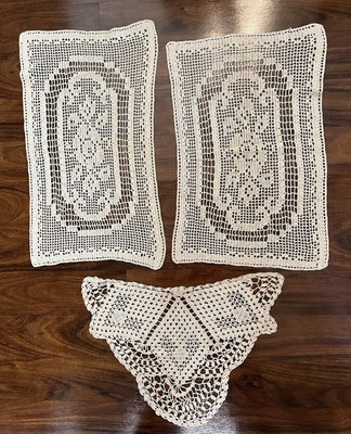 Vintage Lot Of 3 Doilies Handmade Crocheted Doilies-Two Rectangle One Triangle