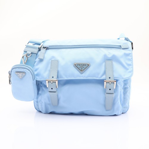 PRADA Saffiano Trim Re-Nylon Messenger Shoulder Bag Nylon Light Blue 1BD953