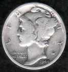 1944D US War Time Mercury Silver Dime, Fine with Nice Toning, KM 140