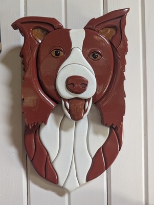 Hand crafted 3D Intarsia Wood Art BORDER COLLIE Dog Portrait Sign Wall Plaque
