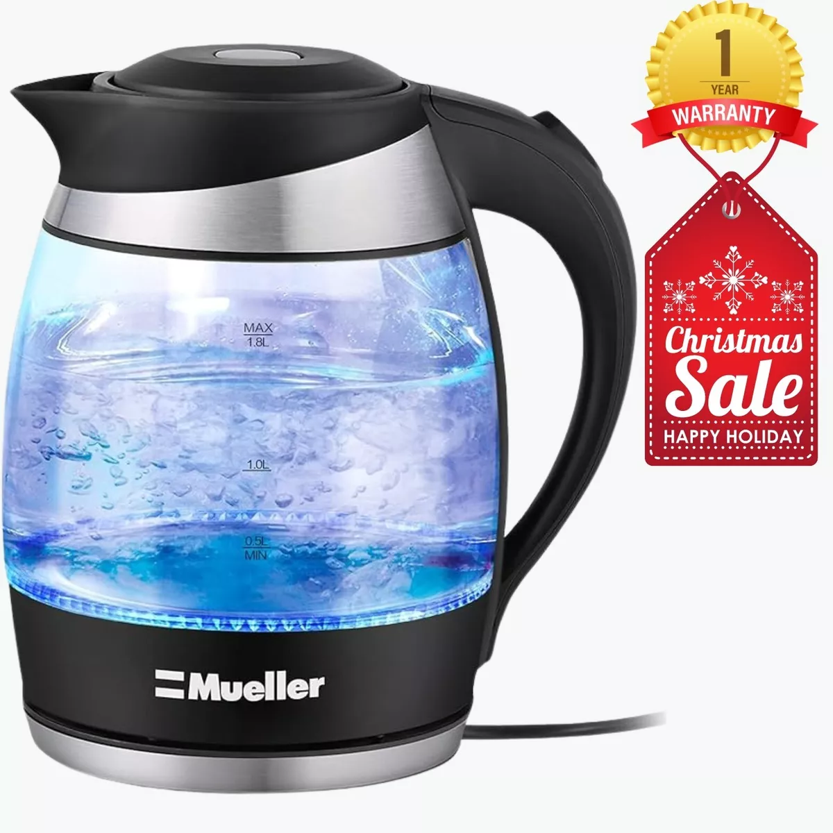 Speed-Boil Water Electric Kettle, 1.7L 1500W, Coffee & Tea Kettle Borosilicate Glass, Wide Opening, Auto Shut-Off, Cool Touch Handle, LED Light. 360