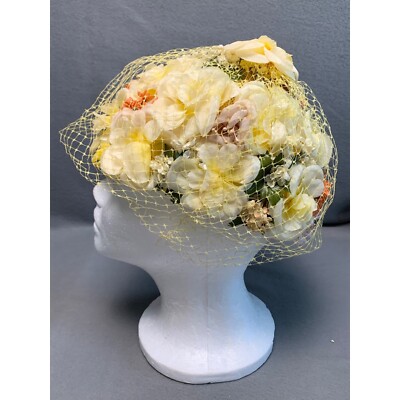 Vintage 1950s Floral Net Hat with Yellow Veil Union Made 23  display picture 2