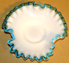 Vintage 1940's Fenton Milk Glass Aqua Rim Crimpled Ruffled Candy Dish — photo 2