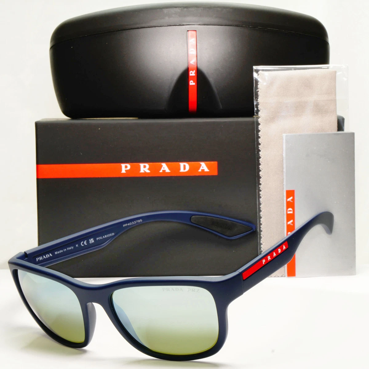 Prada Polarized Blue Silver Sunglasses Green Mirror PS01US SPS 01U