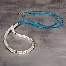 Natural Apatite, Rose Quartz Wrap Bracelet Long Necklace Solid 14k Rose Gold 585