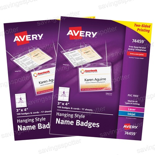 2 Packs Avery 74459 Hanging Style Name Badges 3" x 4" Cords Laser