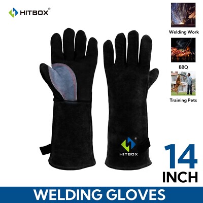 14'' Heat Resistant Leather Forge Welding Gloves Grill Bbq Glove For Tig Welder