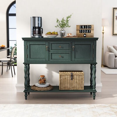 Console Table with 2 Drawers Retro Entryway Table with 2 Door Cabinets and Shelf