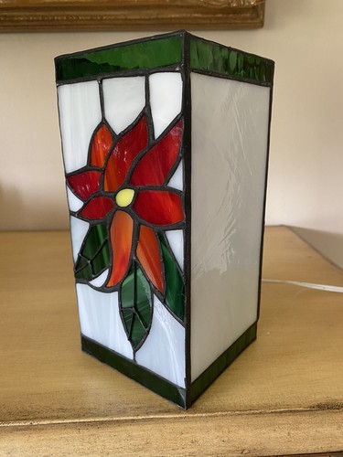 Vintage Stained Glass Poinsettia Table Lamp Light Lantern Box Christmas 8”H - Picture 3 of 14