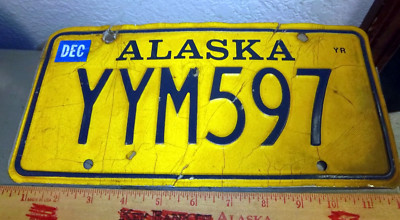 Alaska License Plate, gold style, YYM 597, expired 2005, exempt plate missing