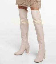 Women Leather Mid Block Heel Side Zip Round Toe Over The Knee Boots Party Shoes