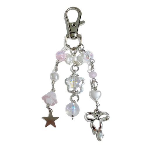 Korean Style Fresh Bow Star Keychain Y2K liquidation Sweet Beaded Keyring Bag Pendant Gift