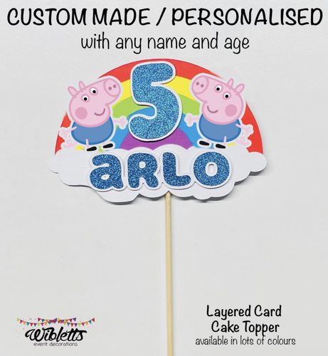 RAINBOW PEPPA OR GEORGE PIG THEME CUSTOM PERSONALISED ANY NAME & AGE CAKE TOPPER - Picture 14 of 39