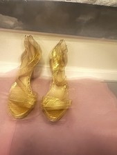 BCBG Generation Gold Strappy Stiletto Heels Buckle Ankle Strap Open Toe