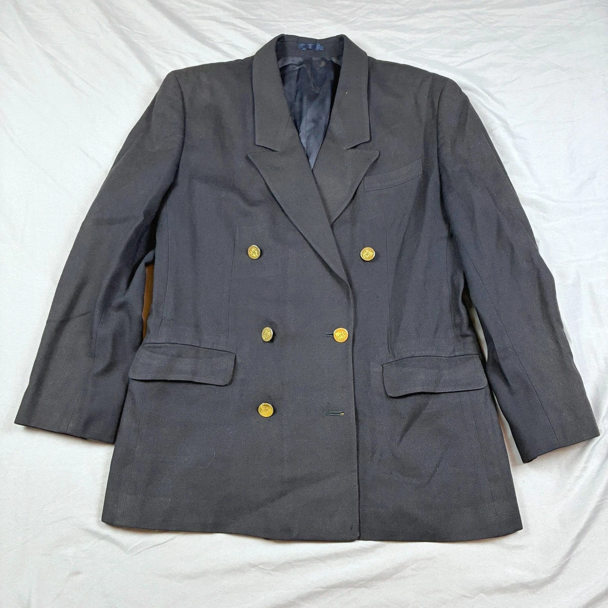 Blazer Burberry Mujer Azul Marino Doble Pecho Cresta Dorada Botón Lana Talla 10