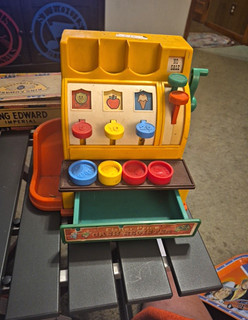 1974 Fisher Price Preschool Toy Cash Register with 4 Coins and Play Money