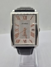 Amadeus Tank Watch Silver Tone With Black leather Strap AM010