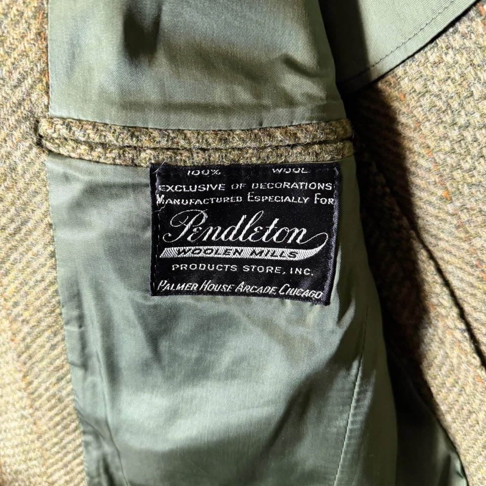 Pendleton Blazer Mens Large Green Brown Herringbone Tweed Wool Sport Coat Olive - Image 3 of 4