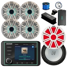 Kicker KMC5 Marine Radio, 4x 6.5" LED White Salt Speaker, Amp, LED Sub, Extras