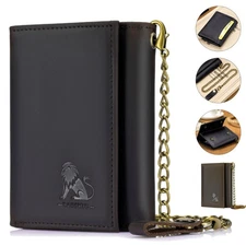 Men Wallet with Chain Genuine Leather Wallet Men RFID Blocking Trifold Wallet
