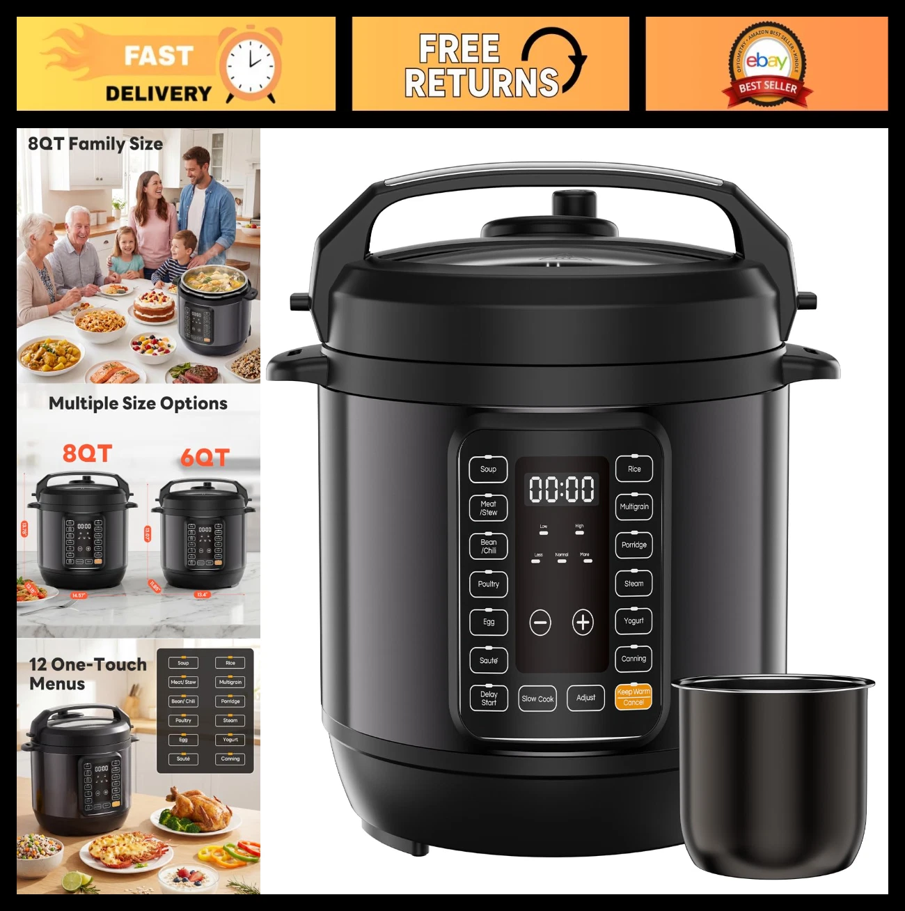8QT Electric Pressure Cooker 16-in-1 Multi Cooker, 12 Presets, Ceramic Pot, Reci