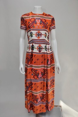 Vintage 1960s Gino Charles Malcolm Starr Orange Bohemian Maxi Dress Fall Party S