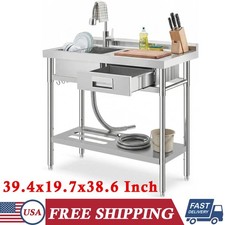 39" Stainless Steel Utility Sink Right Workbench Drawer Faucet Kitchen Prep Sink