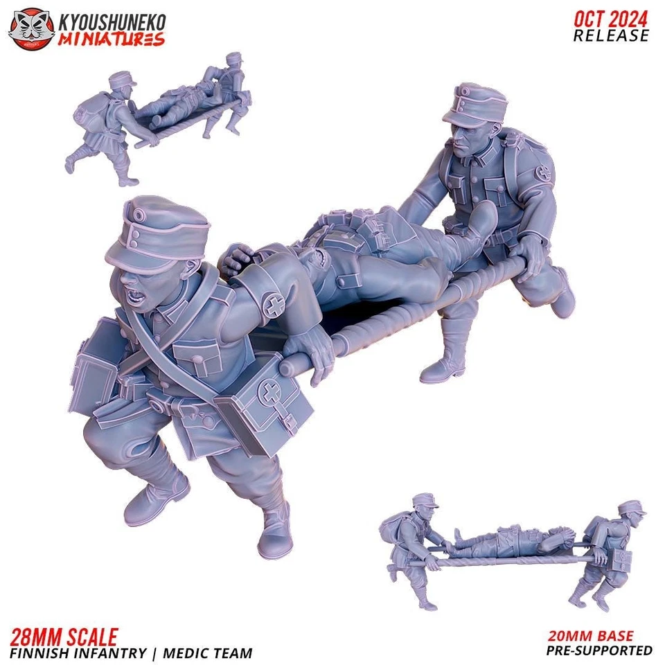 3D PRINTING VALLEY WWII Finnish Medic Team (3 models) Various Scales Historical Wargaming