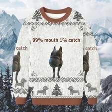Funny 99 Mouth 1 Catch Dog Ugly Christmas Sweater Puppy Humor Jumper