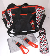 Disney Baby Minnie Mouse Diaper Bag Set 7 Pockets Bottle Holder 2 Stroller Clips