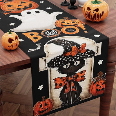 Halloween Decorations Black Cat Pumpkin Ghost Boo Bats Table Runner Gift 13x72''