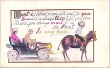 DON'T LAG BEHIND... c1910 postcard horse vs early auto artist comic advice