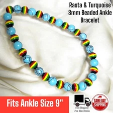 Rasta & Turquoise Beads 8mm Beaded Stretch Ankle Bracelet 9"