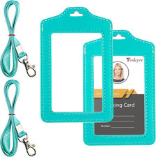 Teskyer 2 Pack of Double Sided Clear Badge Holder with Lanyard, PU Leather ID Ba