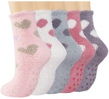 Fuzzy Slipper Socks Women with Grips Pink Hearts Plush Fluffy Cozy Socks Grip...