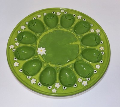 Grasslands Road Frog Lily Pad Deviled Egg Plate Platter Green Ceramic 11  HTF