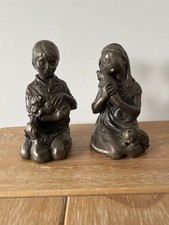 Vtg Menton Manor Cold Cast Bronze Boy with Puppies & Girl with Kittens Figurines